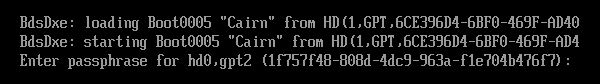 Boot text ending in the GRUB prompt: Enter passphrase for hd0,gpt2.