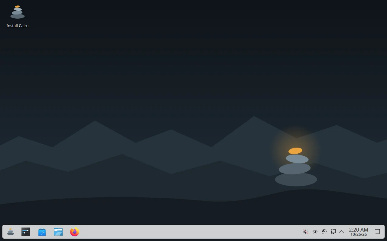 The Cairn live desktop: KDE Plasma with the dark ridge wallpaper and its glowing amber cairn, an Install Cairn icon at the top left, and a panel along the bottom.