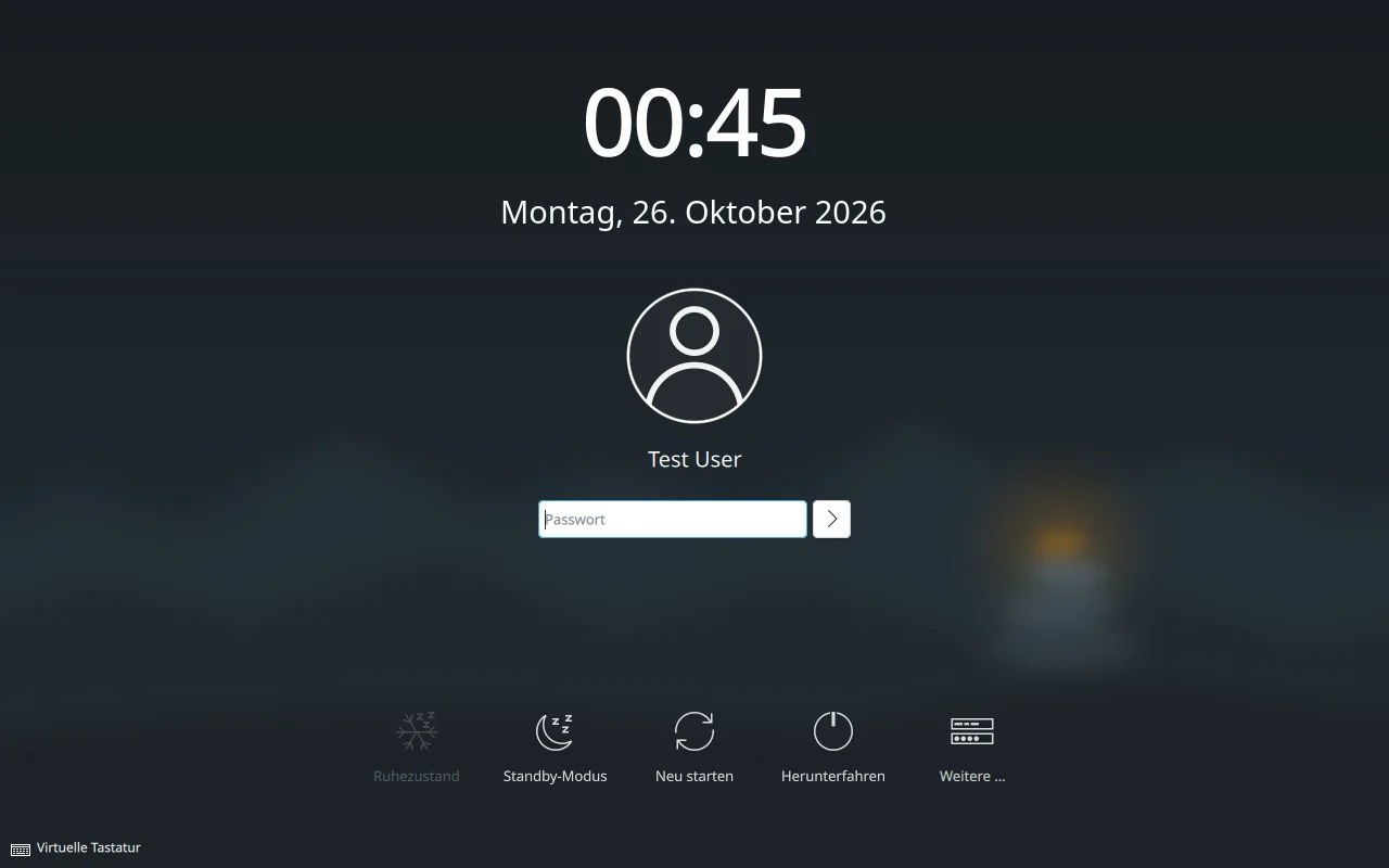The Cairn login screen: a large clock, the user's name and a password field over a blurred version of the wallpaper.